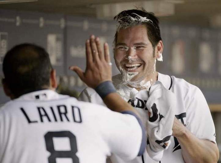 Catcher Gerald Laird High-fives Johnny Damon After Walk-off Homer May 1, 2010